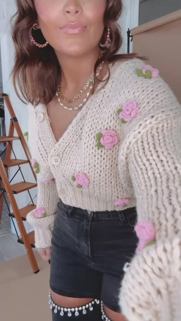 Garden Girl Rose Knit Cardi, Oatmeal