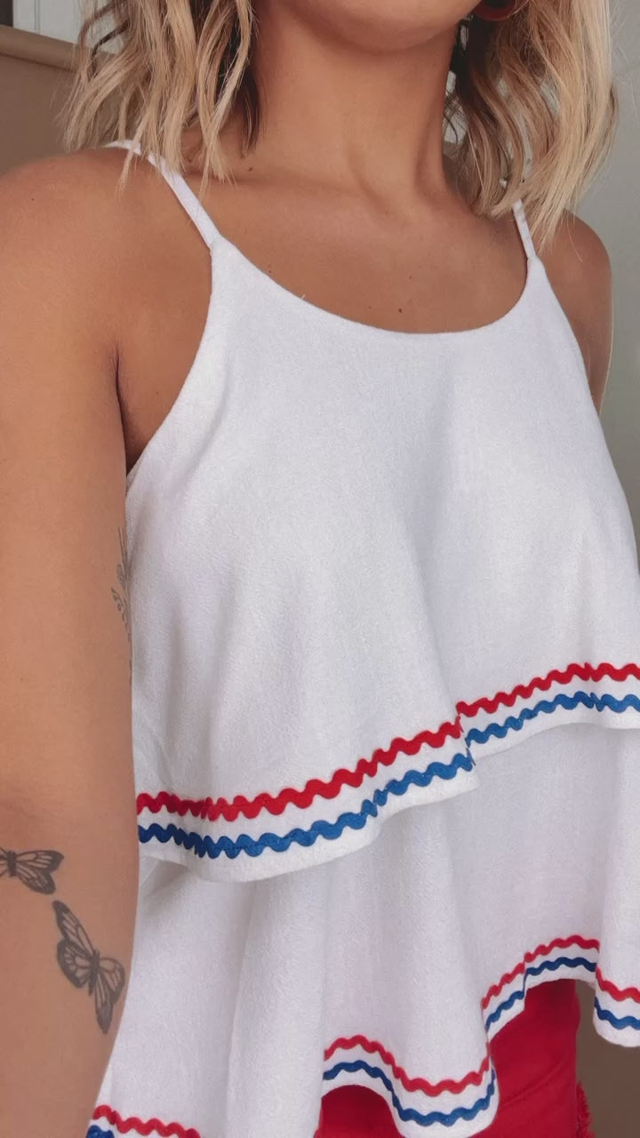 Red White and Blue Linen Tank, White