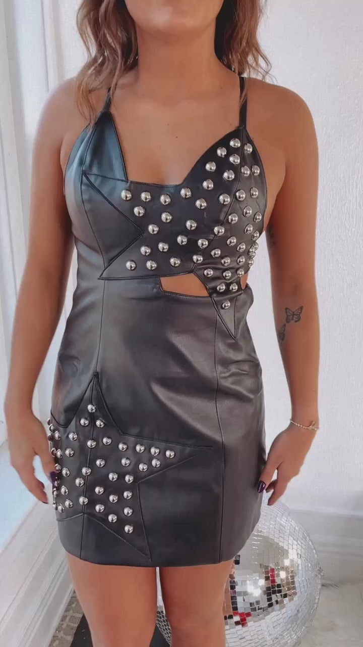 She's A Star Cutout Studded Leather Mini Dress, Black