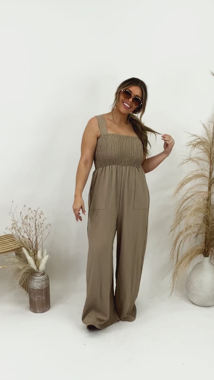 To The Tropics Jumpsuit, Taupe