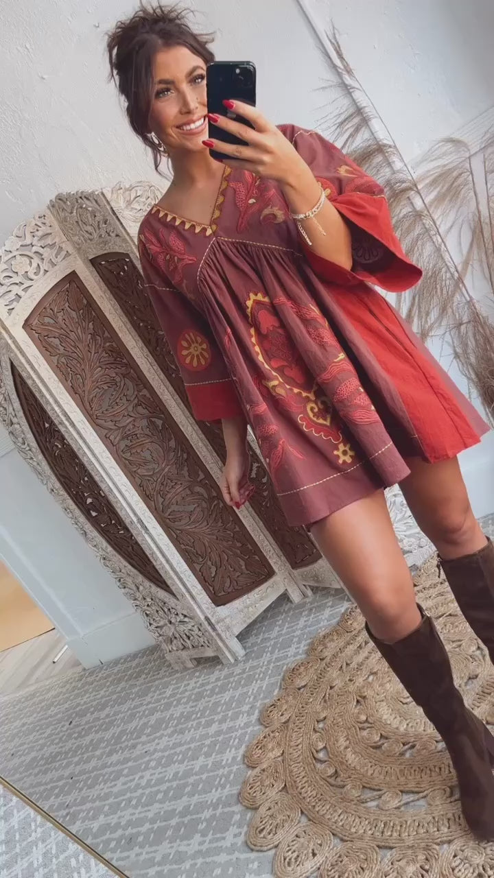 Vintage Love Boho Embroidered Mini Dress, Red