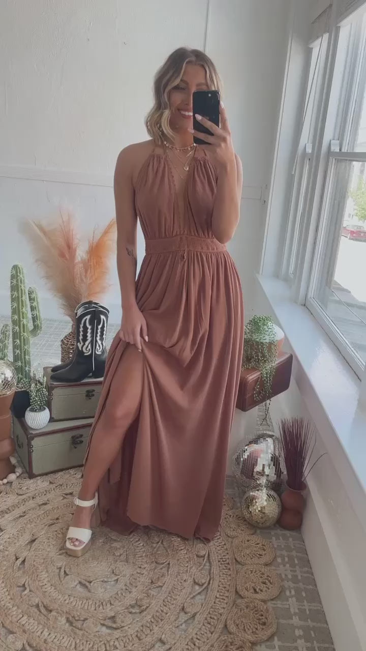 Lace Trim Halter Maxi Dress, Hazelnut