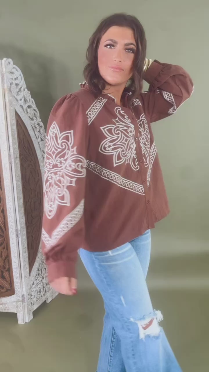 Sundance Ruffle Embroidered Button Up Top, Mocha