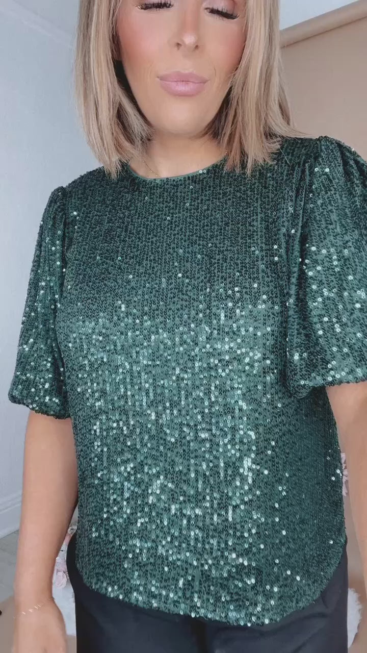 More Cheer Half Puff Sleeve Sequin Top, Green