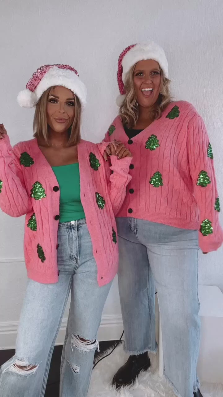 A Pink Christmas Button Up Tree Cardi