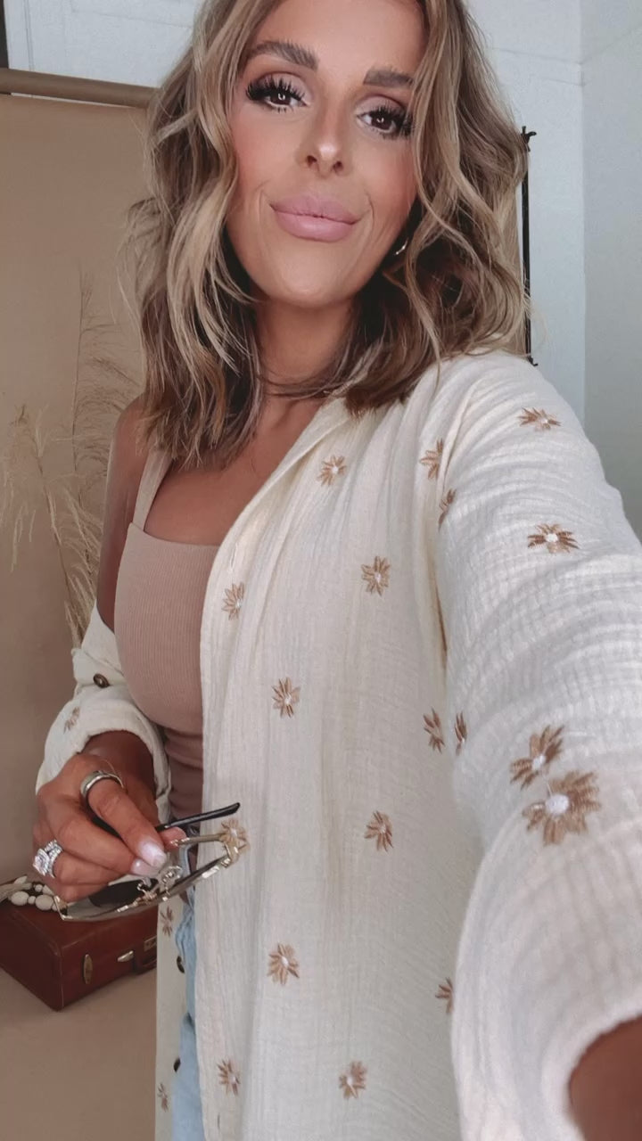 Oversized Button Up Floral Embroidered Top, Cream