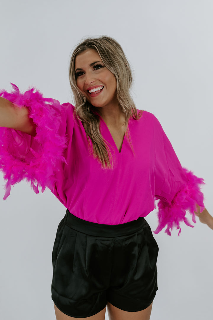 Simply Sassy Feather Bodysuit, Hot Pink