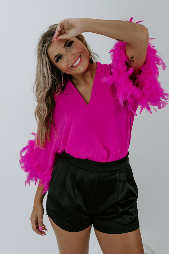 Simply Sassy Feather Bodysuit, Hot Pink