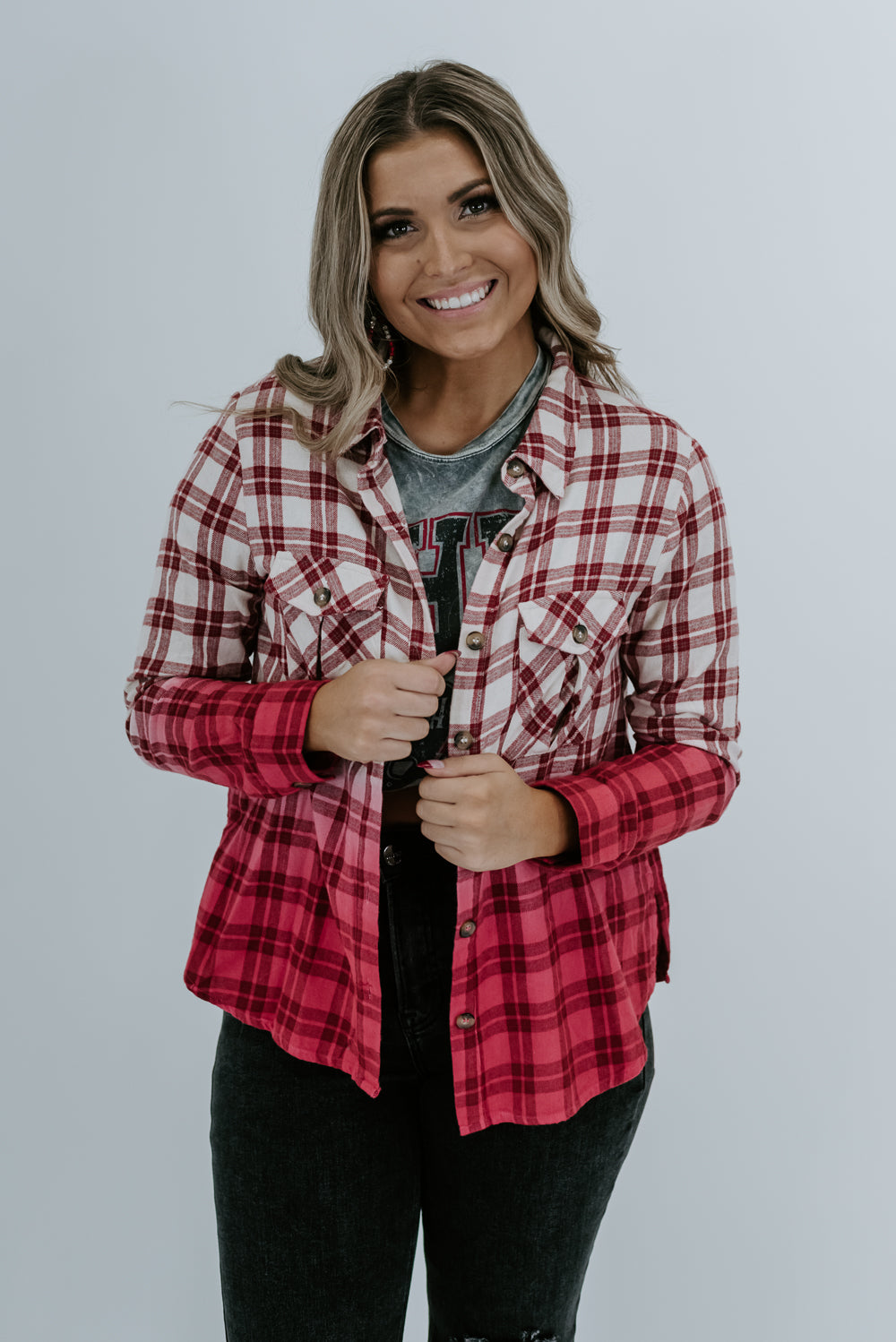 Everyday Chic Boutique Dip Dyed Button Up Flannel, Red Small